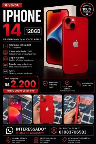 Iphone 14 128gb vermelho, único dono, caixa carregador e capa!