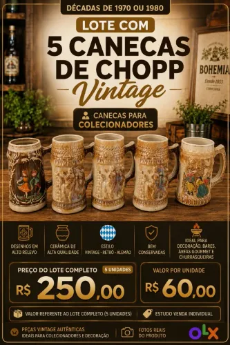 [VENDO] Lote com 5 Canecas de Chopp Antigas em Cerâmica