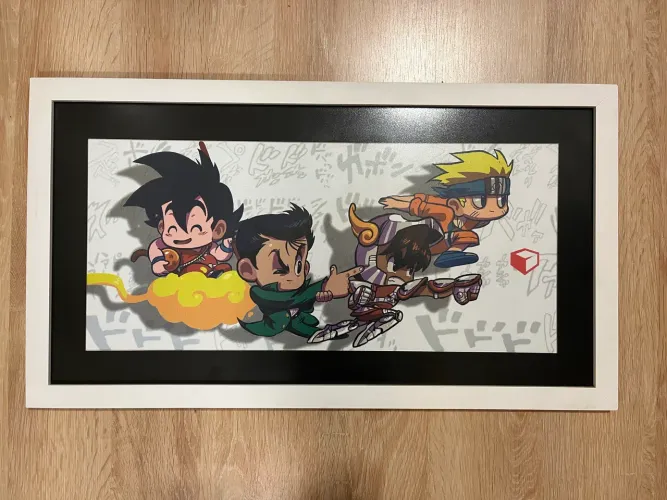 Quadro Animes Anos 90 (Goku, Yusuke, Seiya, Naruto) Omelete Box c/ Vidro Antirreflexo