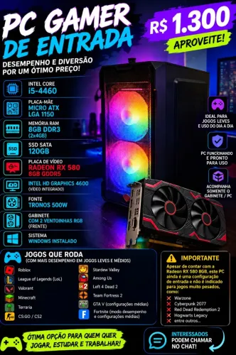? PC GAMER COMPLETO - RX 580 8GB - R$ 1.300