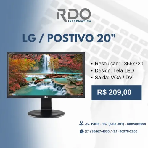 Monitor LG ou Positivo 20" LED 1366x720 VGA DVI - Ideal PC Escritório - Barato