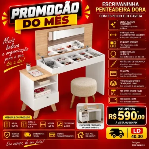 Escrivaninha penteadeira c/espelho e 1 gaveta (Pague na entrega)