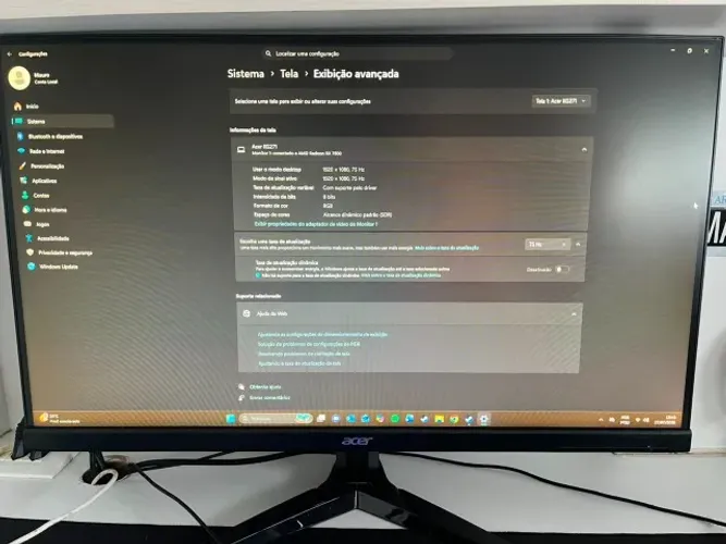 Monitor Acer KG271 75hz 27 polegadas.