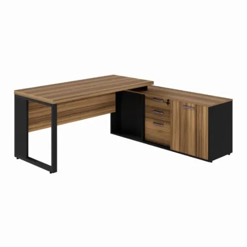 Mesa em L industrial com Armário Lateral e 3 Gavetas