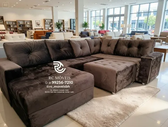 Sofá de Canto 3,10m com Chaise e Puff Veludo Azul D33 Luxo