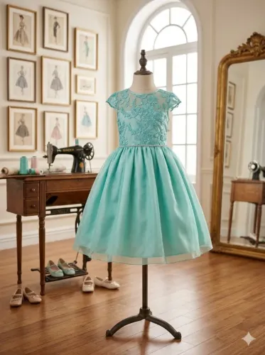 Vestido Luxo Infantil de Festa Verde Água com Renda e cinto de Strass - Tam.  9 a 12 anos