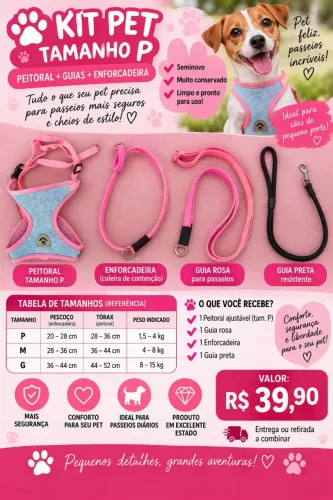 Kit Pet Peitoral + Guia + Enforcadeira P