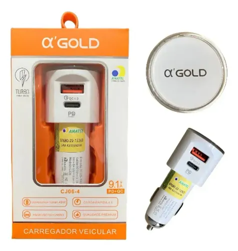 Carregador Veicular Turbo 40w 9.1a Usb Com Entrada Tipo-c. Branco