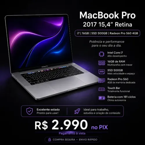 MacBook Pro 2017 | Tela de 15,4 Retina | Intel i7 | 16GB Ram | 500GB de HD