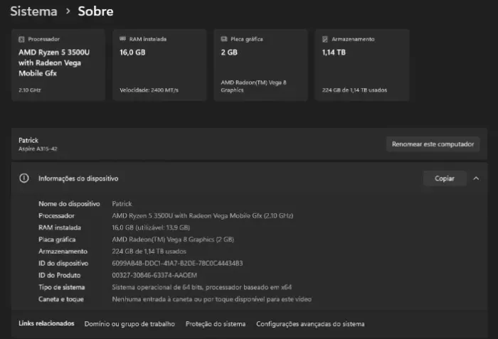 Notebook Acer Aspire 3 Gamer | Ryzen 5 | 16GB RAM | 1,14TB | Funciona Perfeitamente