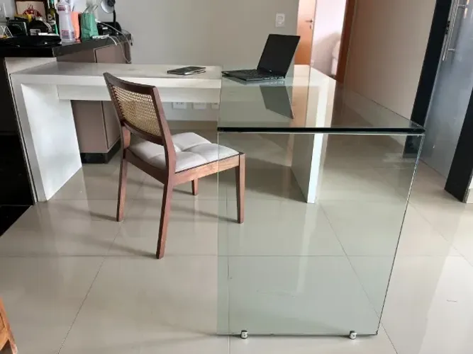 Mesa de Vidro 9mm Escritório em L + Mesa Branca | Home Office