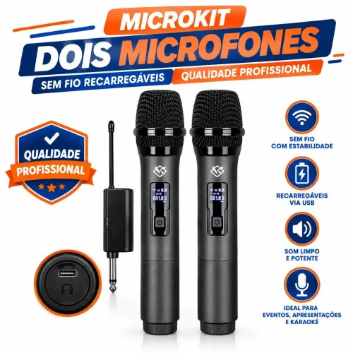 KIT 2 MICROFONES SEM FIO QUALIDADE PROFISSIONAL