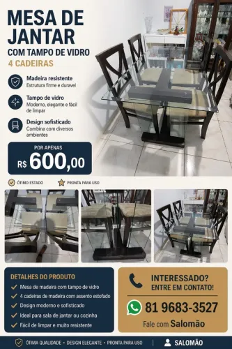 Mesa de Jantar retangular 4 cadeiras