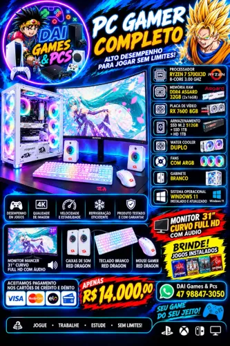 PC Gamer completo branco + Tela 32 com audio