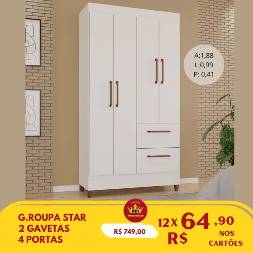 PROMOÇÃO URGENTE - Guarda-Roupa Star 100% MDF 4 PORTAS Branco apenas 12x de R$64,90