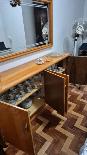 Conjunto Sala de Jantar Completo: Mesa 2m + 6 Cadeiras + Aparador + Espelho Grande