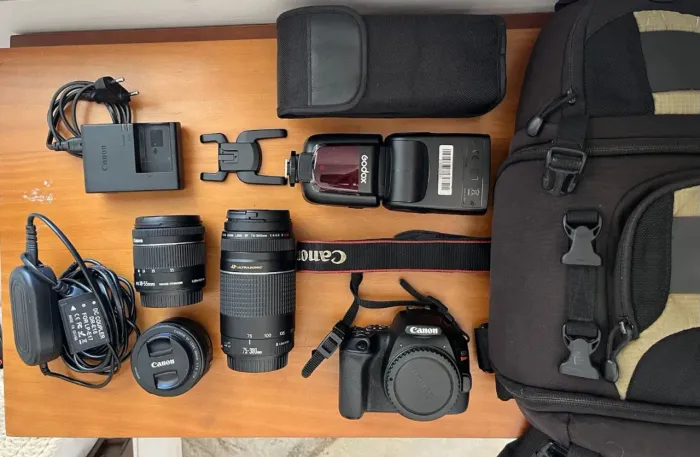 kit câmera canon eos rebel sl3 completo (3 lentes + flash + case + carregadores)