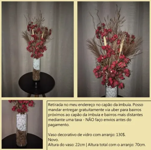 Vaso decorativo de vidro com arranjo vermelho novo