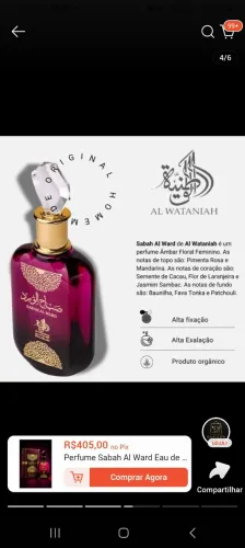 Perfume árabe Sabah Al Ward Al Wataniah Feminino