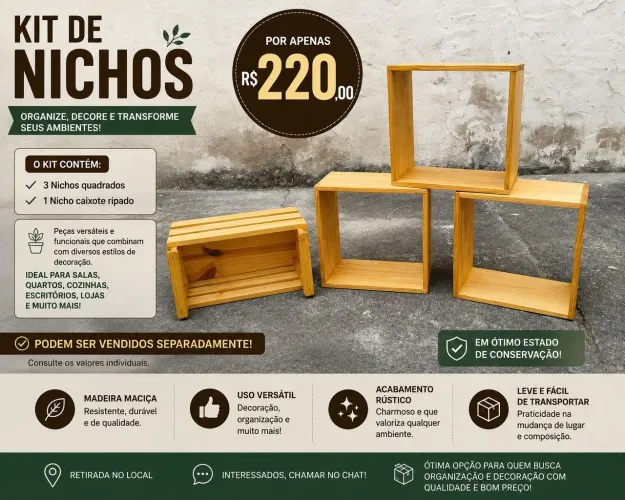 Kit com 4 Nichos de Madeira para Decoração 