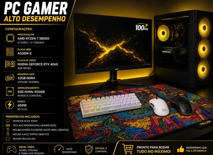 PC GAMER RTX 4060 + RYZEN 7 5800X + 32GB RAM + MONITOR 100Hz + PERIFÉRICOS