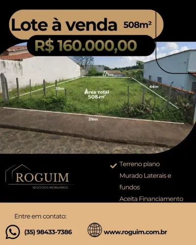 MG Terreno plano 508m² à venda, murado, aceita financiamento em Andrelândia MG