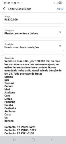 Vende este sítio ou troca casa em mana mesmo valor