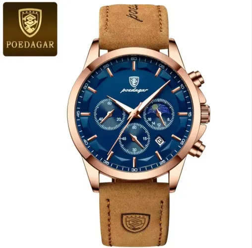 Relógio de Pulso Belíssimo Poedagar super Premium Pulseira Camurça Caramelo Azul Dourado