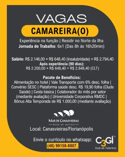 Vaga: Camareira - Bairro: Canasvieiras