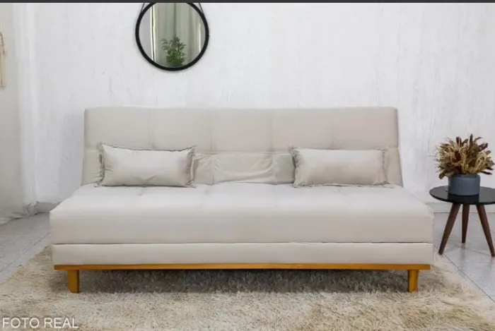 Sofá Cama 1,80m Veludo Bege - Molas Bonnel