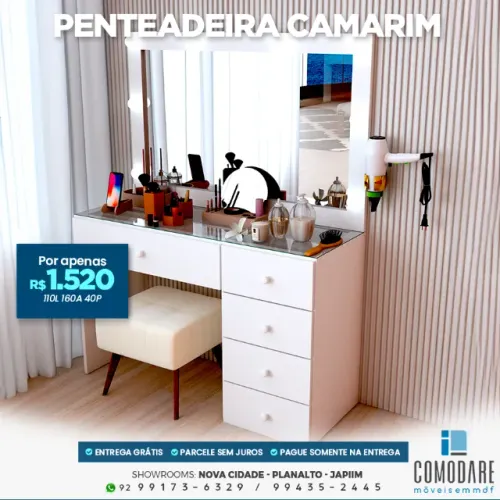 Penteadeira Camarim 110 cm com Espelho e Gavetas - R$ 1.520