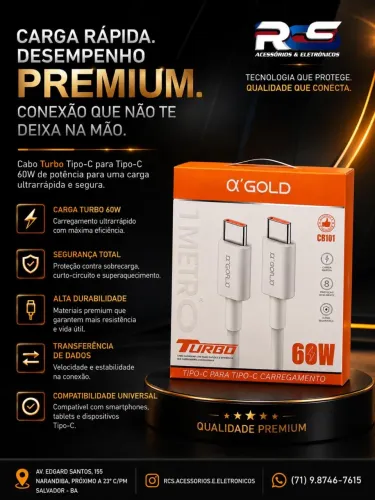 Cabo Turbo Tipo C para Tipo C 60W A'GOLD