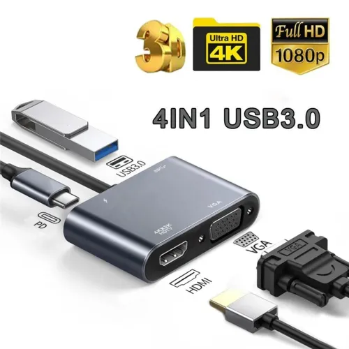 Adaptador Hub 4 em 1 Hub Tipe C, HDMI VGA USB-C
