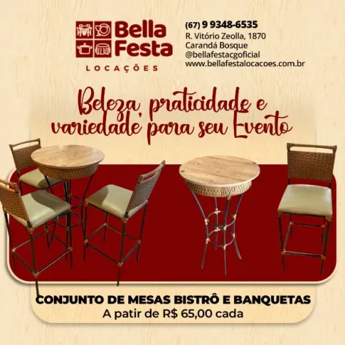 Mesas Bistrôs e banquetas para Locação