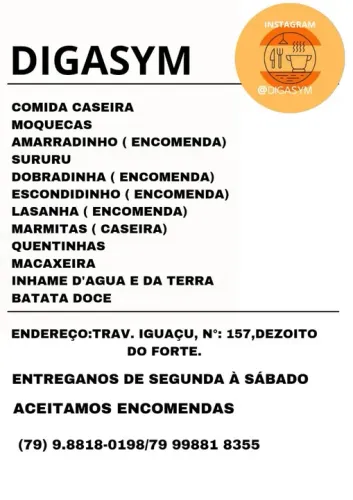 DIGASYM Comida Caseira Fornecemos Marmitas e Quentinhas 