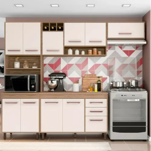 Cozinha 4 Peças Barcelona com Balcão de Pia Carvalho Oak Off White - Poliman Carvalho OAK 
