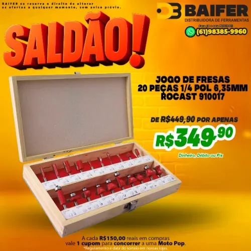 Jogo de Fresas 20 Peças 1/4 Pol 6,35mm Rocast 910017