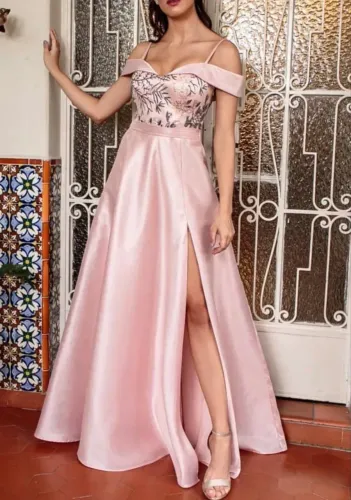 Vestido Rosé em Zibeline ombro a ombro com bordado floral (M)