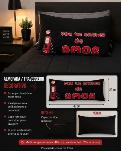 Almofada ou travesseiro retangular com dizeres e capa removível para lavar