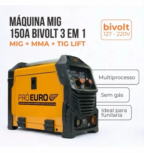 Máquina de Solda Multiprocesso MIG Flex 150a Pró Euro Bivolt MIG sem gás MMA TIG
