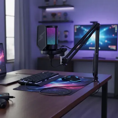 Microfone Gamer Fifine SuperFrame Edition SFM1, RGB, USB, Black, Com Braço Articulado