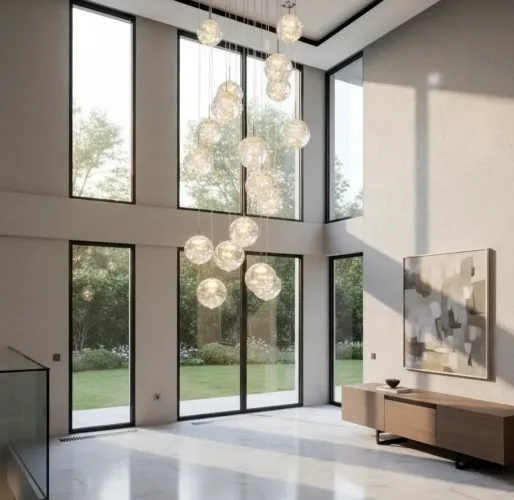 Lustre Led 18 Globos Vidro Fumê Moderno Pé Direito Duplo 