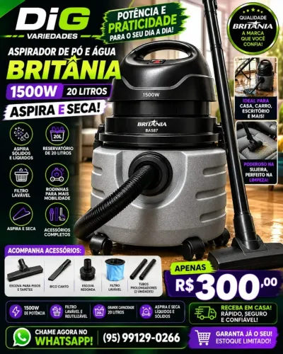 Aspirador de Pó Britânia 20 litros Pó e Líquidos