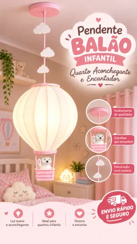 Pendente Balão Infantil com Ursinho e Nuvens | Lustre para Quarto de Bebê e Criança