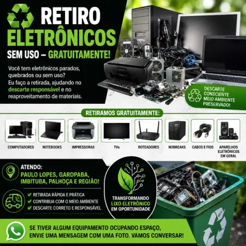 ? RETIRO ELETRÔNICOS SEM USO - GRATUITAMENTE! ?  Você tem computadores, notebooks, TVs.