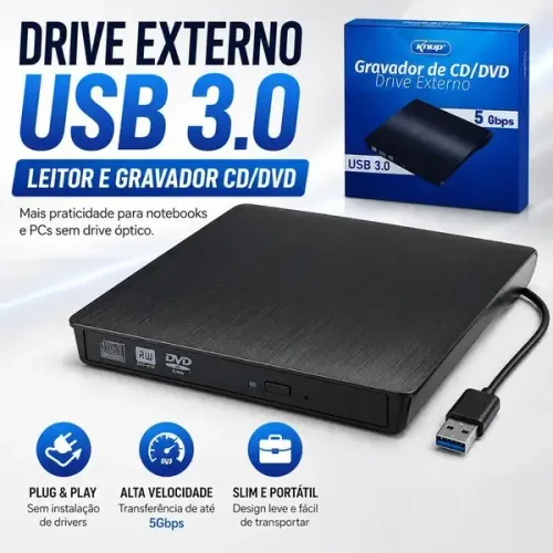 Leitor Gravador Dvd Cd Externo Usb 3.0 Portátil Pc Notebook Preto
