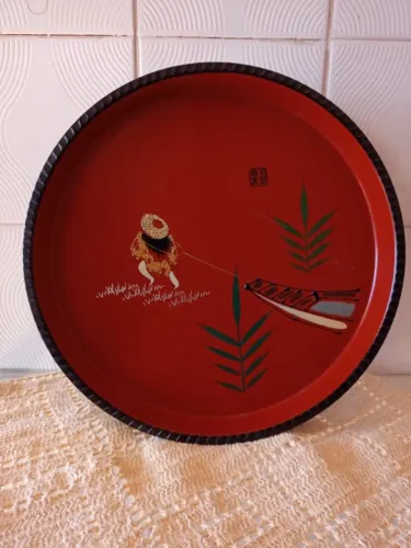 Bandeja Japonesa Vintage Laca Vermelha Assinada Matsushita - Impecável