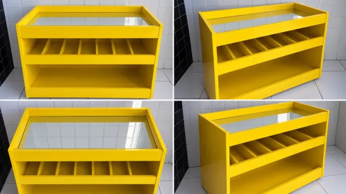 Balcão Expositor Amarelo com Tampo de Vidro e Divisórias/Bar de Madeira - cor amarelo