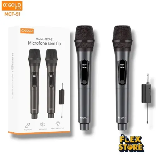 Kit 2 Microfone Dinâmico Duplo ?GOLD Plus MCF-51 com Receptor P10 Sem Fio Recarregável Pr