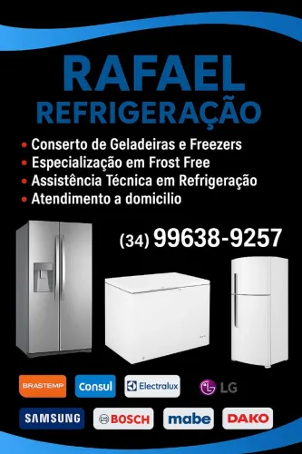 RAFAEL REFRIGERAÇÃO<br>? Geladeira parou? Freezer não gela<br>Chama o Rafael que resolve!